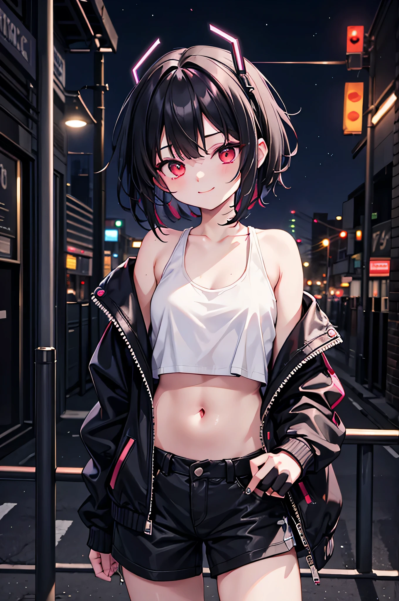 (masterpiece), cyber punk, city, night, Neon Light, city lights, One Girl, Black Hair,White tank top with red pattern, short hair,Red Eye,hair ornaments,Around ,smile,He has taken off his jacket to expose his shoulders..,Belly button