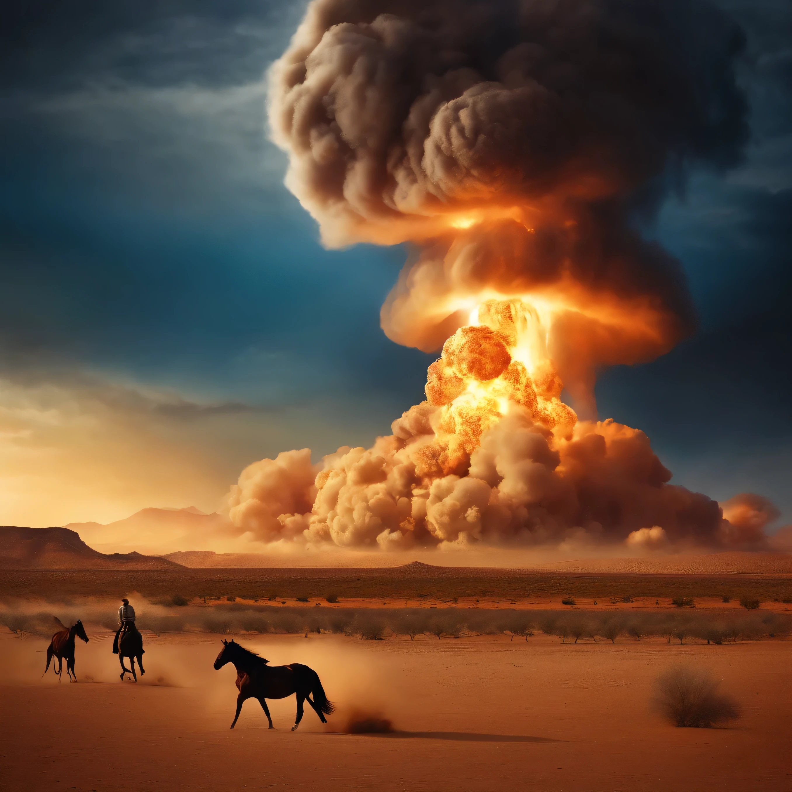 Nuclear bomb exploding on a desert horizon destroying a farm with horses running away