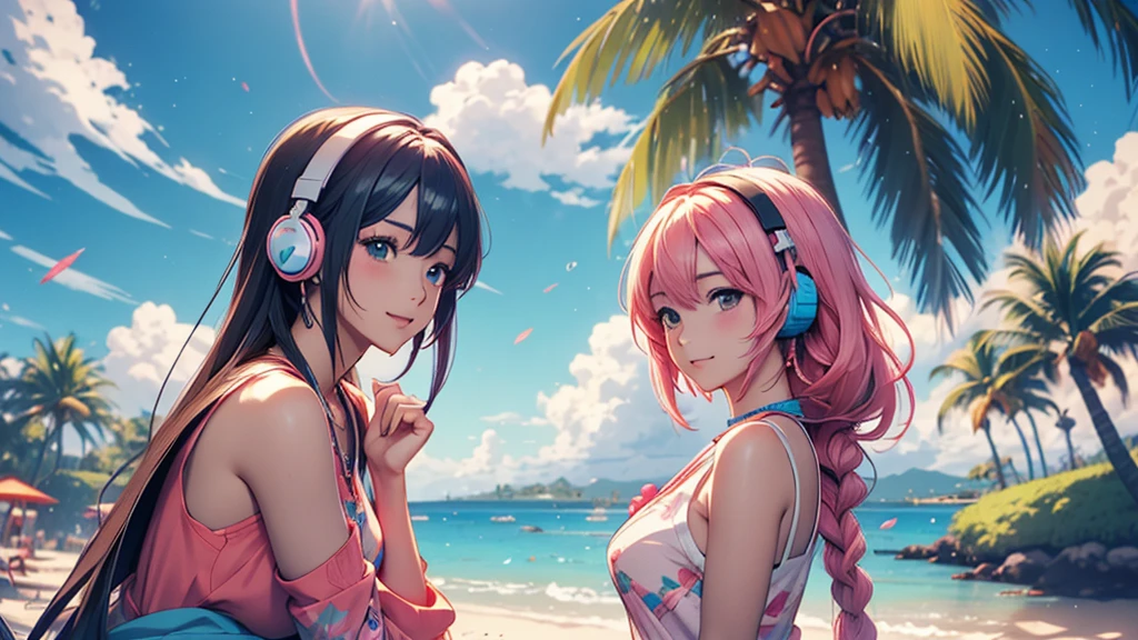 Woman wearing headphones, Anime Style 4 k, anime wallpaper 4k, anime wallpaper 4k, 4k anime wallpaper, anime art wallpaper 4k, anime art wallpaper 4k, Anime Style. 8k, Anime atmosphere, , Ultra HD Anime Wallpaper, Anime Art Wallpaper 8K, Anime Background,landscape、summer、island、Palm tree、Hawaii