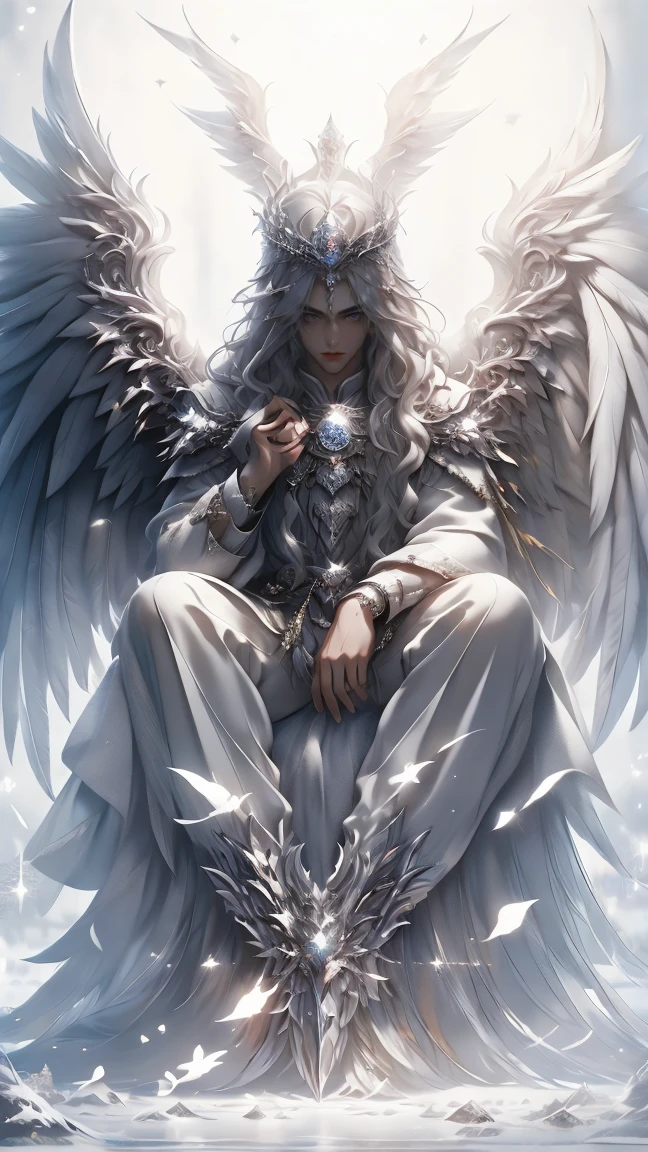 Masterpiece, best quality, high resolution, highly detailed, male, 1 man ( early twenties ), Good looking face,  white long flowing hair ( light in the hair), silver colored eyes ( eyes that glow ), serious expression ( cold look ), pale white skin, the has large angel like wings on his back ( pay attention to the wings ), wearing a white hoodie, and white pants, black watch, surrounded by the splendors of the earth, wearing a crown made of transparent diamonds and sitting on a silver throne, pay attention to stunning details, and achieve a resolution of 128k, floating in a dynamic pose, high quality, with a majestic aura of authority.