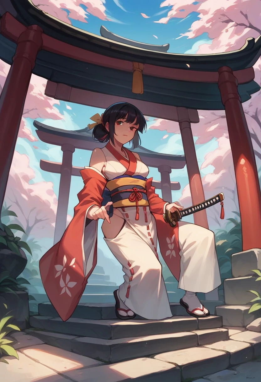 "Samurai woman with a long katana, set at night with a shrine in the background."