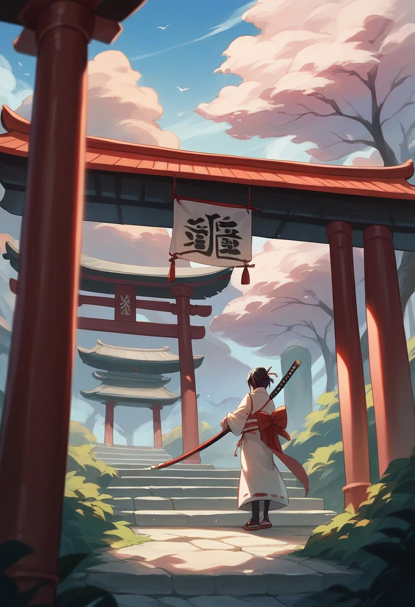 "Samurai woman with a long katana, set at night with a shrine in the background."