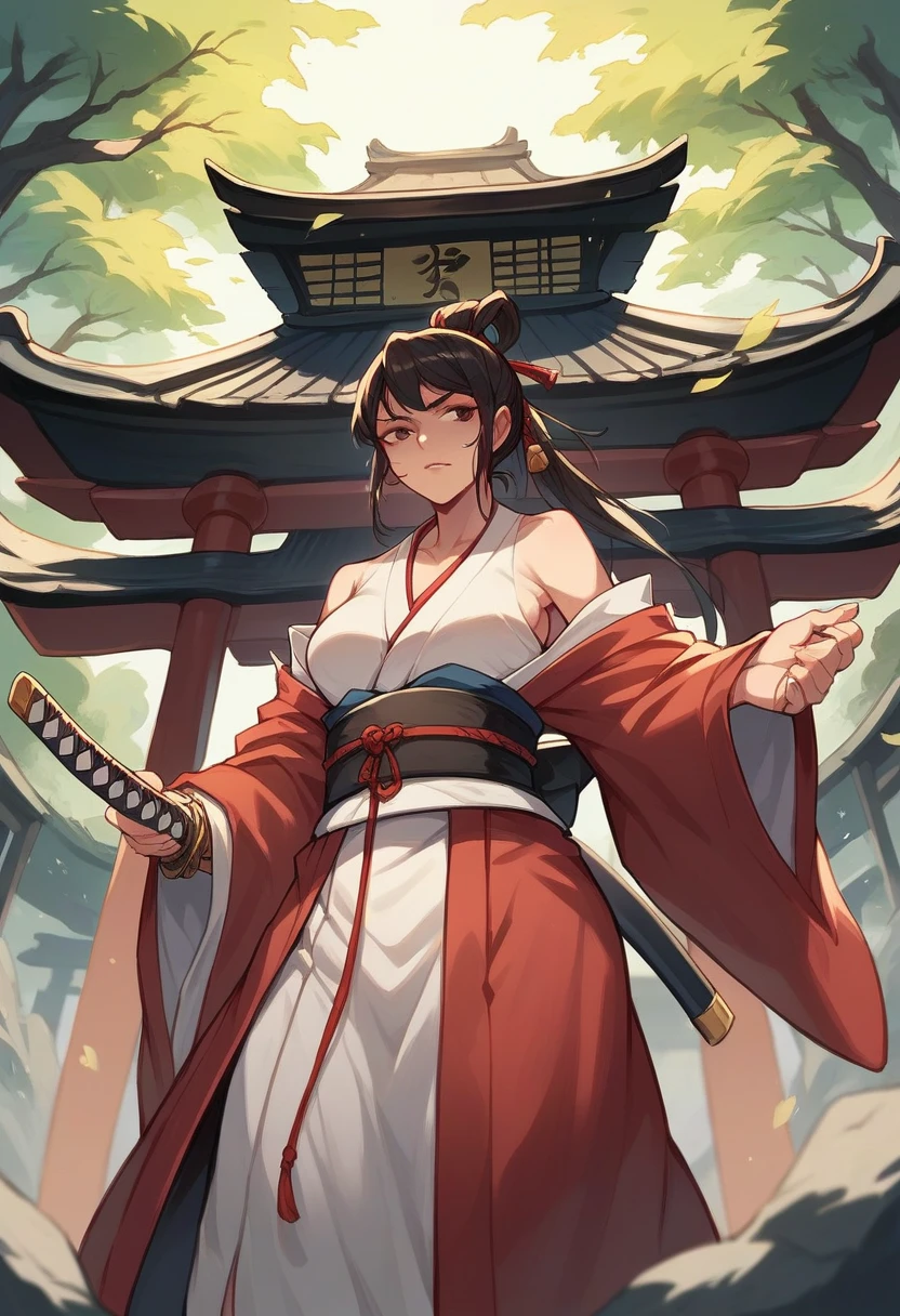 "Samurai woman with a long katana, set at night with a shrine in the background."