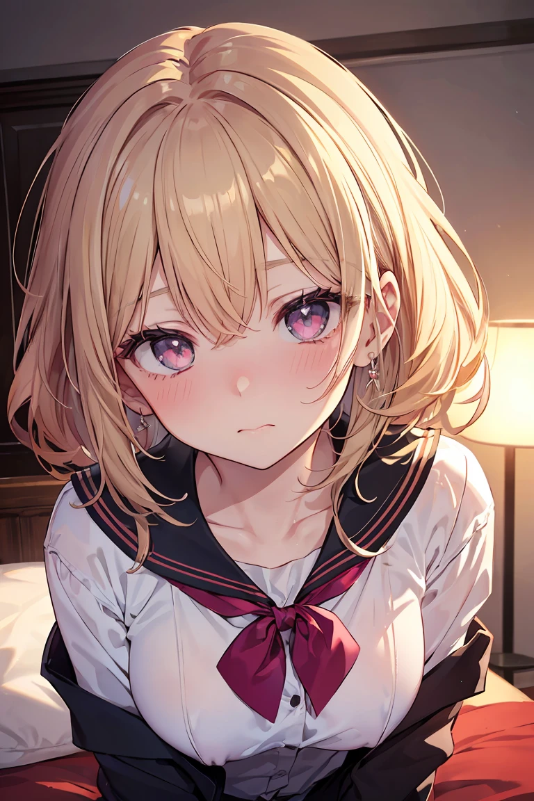 masterpiece, absurdres, best quality, ultra detailed, high Resolution, detailed illustration, bright colour, (extremely beautiful detailed face and eyes, Delicate beautiful face, 1 girl, 18yo, cute face:1.3), (magenta eyes:1.1), sparkling eyes, big eyes, (medium breasts:1.3), (perky breasts:1.1), (pointy breasts:1.1), medium hips, glamorous body, white skin, BREAK, (blonde hair:0.8), messy hair, detailed hair, shiny hair, BREAK (school uniform, down blouse:1.3), perfect lighting, (???????, vulgarity:1.5), (Embarrassed:1.3), (Love juice:1.3), bedroom, (Piledriver:1.3), 