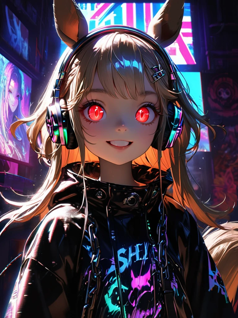 1 girl, chromatic aberration, Written boundary depth, Soft Light, masterpiece, Highest quality, complicated, Tone Mapping, Very detailed, Art Station, Concept Art, Smooth, Clear focus, Dramatic lighting, Very detailed artwork, movie, super practical painting, Art Station's trending, 8k, Incredible Shadows, practical, (Very detailed background:1.0), whole body, View, Viewers, Very detailed portrait of one girl 1, standing on street corner, Heavy rain and lightning、Dark Sky, neon and cyber punk background, she is dressed in punk clothing with silver chains and silver spikes, Her hair was dyed light brown....,The middle part is black, She is wearing headphones, Detailed red eyes with clear pupils, Ominous aura of light, smile, punk, ciber punk, Backlight.Has horse ears、There is a horse tail,Approaching the horse.No headphones needed、More Horses.cute