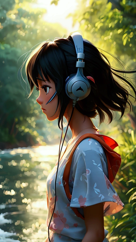 by the river、anime、, Black Hair、,  Highest quality, headphone、ponytail, One girl, Ghibli-style colors, 