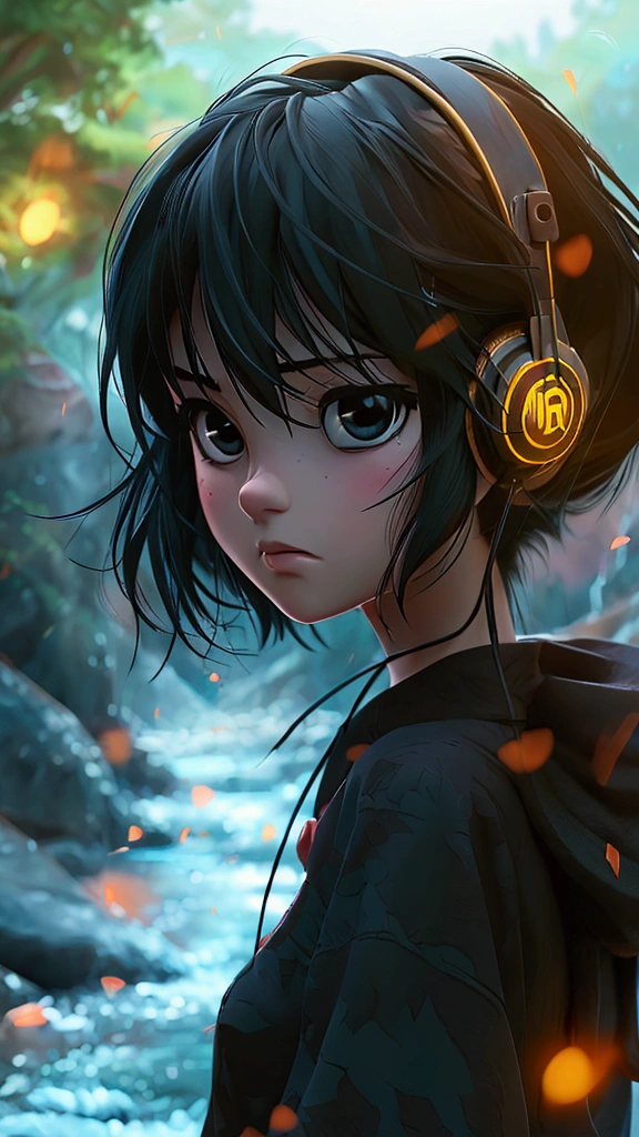 by the river、anime、, Black Hair、, Highest quality, headphone、ponytail, One girl, Ghibli-style colors,
