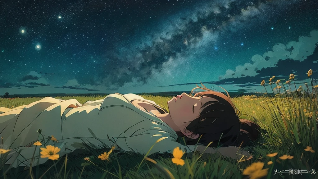 Lying in the field、Girl sleeping face down、A starry sky、Night view、Ghibli-style anime、Studio Ghibli、Ghibli Art、Ghibli Style、Rear view with no face
