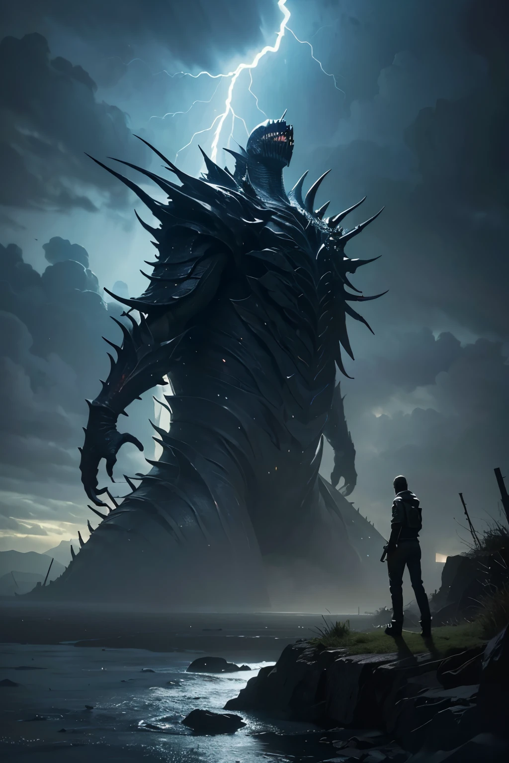 A very detailed painting, Dark world, Depicts a man have a weapon on a hill gazing at a giant alien monster lightning rain breath, author:Shinkai Makoto, By Art Jem, From Wlop, author:Greg Rutkowski, Volumetric Lighting, Octane Rendering, 4K resolution, Popular on artstation, masterpiece ,flame magic