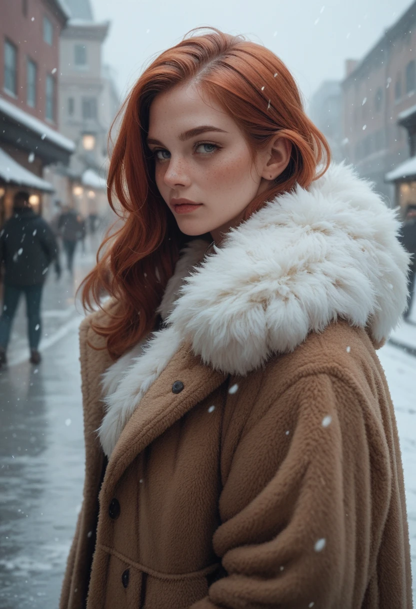 redhead woman, fur coat, snowing