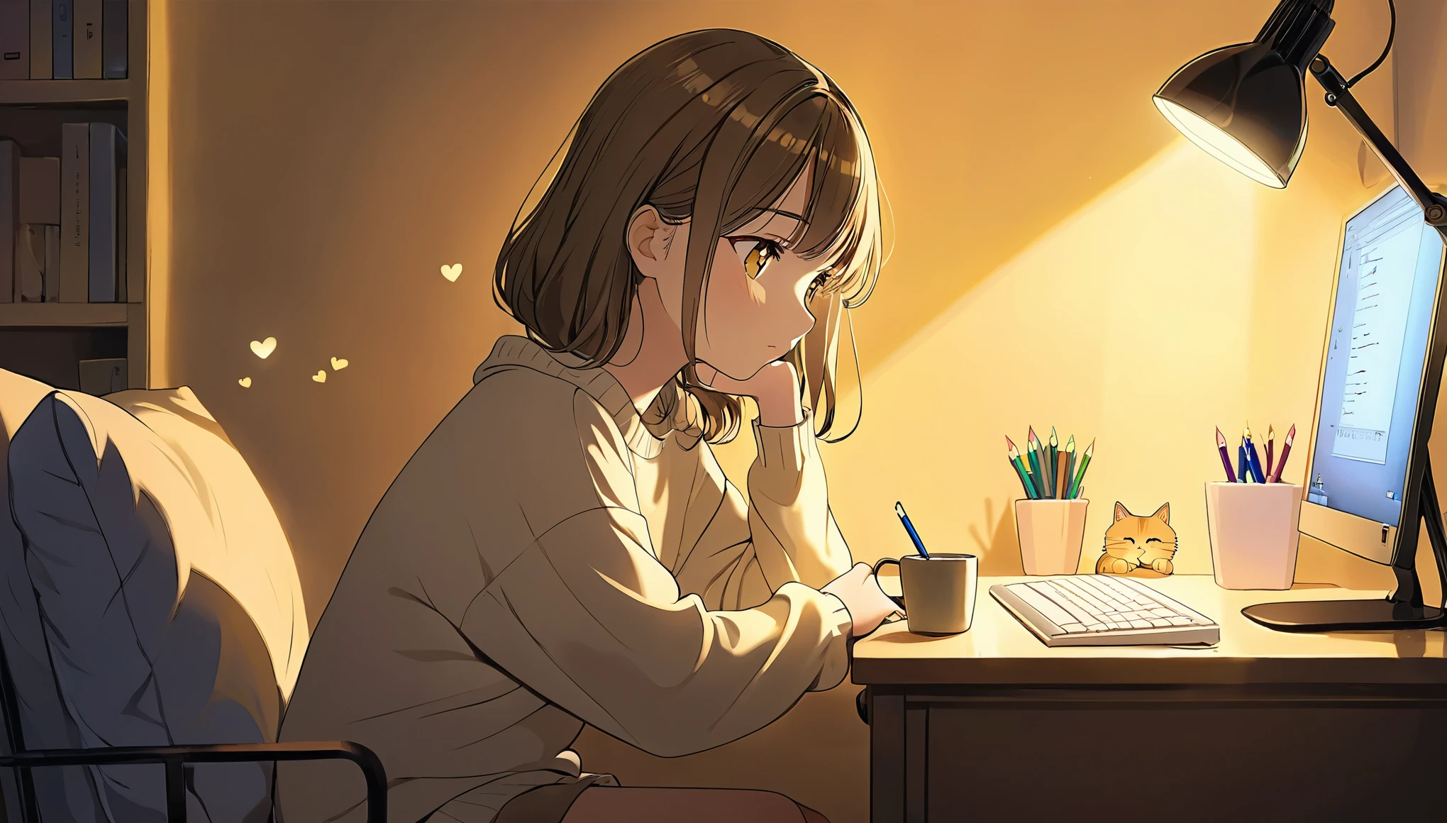 night,
Girl sitting in a cozy corner, Draw a computer.
The soft yellow light of the desk lamp illuminates her thoughtful expression., Demonstrates deep concentration and a calm demeanor.
Her gentle gaze comforts the heart..
静かなnightの雰囲気を盛り上げます, Creates a peaceful and calm atmosphere,With a brown tabby cat.
