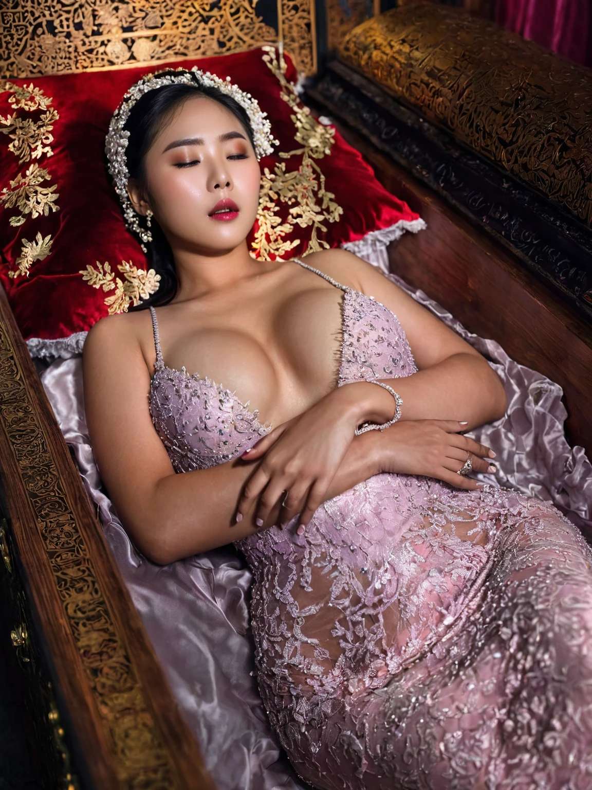 In a striking 8K HDR scene, a stunning Korean woman, 22 years old, lies peacefully in a black coffin surrounded by plush pillows. The deep box is set against a rich black background, accentuating the beauty of the subject. Her exquisite deep-V neckline kebaya attire is embroidered with superb detail, showcasing her round and firm breasts, perfect cleavage, and beautiful eyebrows. Her closed eyes and mouth give an air of serenity, while her visible and absolute cleavage leave nothing to imagination. The scene is bathed in saturated colors, highlighting every intricate aspect from the ball skirt to her clean face, straight body, detailed hand perfect hands, straight body, own hands together, own hand on stomach, detailed hands, perfect hands.