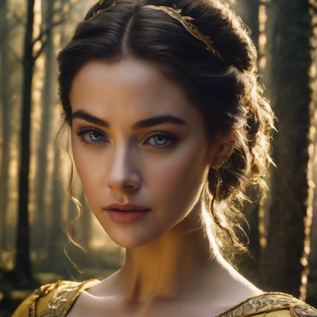 Create a photorealistic masterpiece of Belle from Beauty and the Beast in a Dark Fantasy style. Belle is depicted as a fashionable, model-looking character with glowing eyes and a futuristic design. The image should be hyper-detailed and surreal, with intricate details and highly detailed skin texture. Belle has a slight smile and is posed in a dynamic model pose. The scene is cinematic and professionally shot in 4K resolution, with a 200mm lens at f/2.0, creating a beautiful bokeh and stunning light and shadow play. The background features an eerie, enchanted forest with mystical creatures emerging from the shadows. The overall image is hypnotic, dramatic, and captivating, with subcutaneous veins and highly detailed skin and hair texture, shot in 24mm photography.