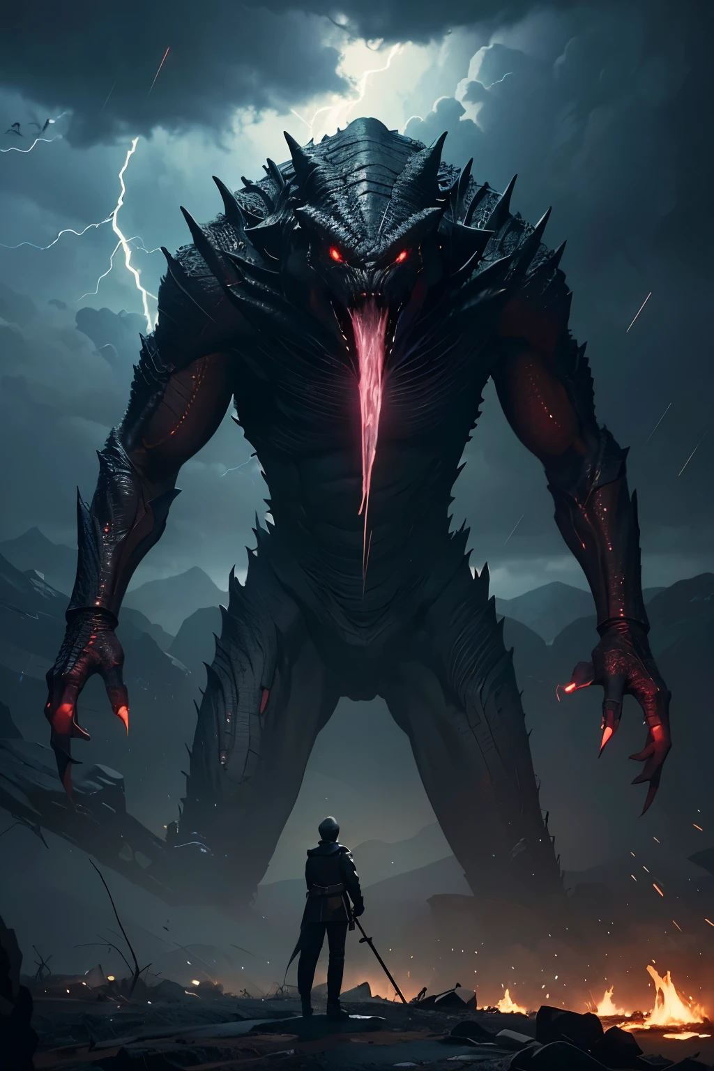 A very detailed painting, Dark world, Depicts a man have a weapon on a hill gazing at a giant alien monster lightning rain breath, author:Shinkai Makoto, By Art Jem, From Wlop, author:Greg Rutkowski, Volumetric Lighting, Octane Rendering, 4K resolution, Popular on artstation, masterpiece ,flame magic
