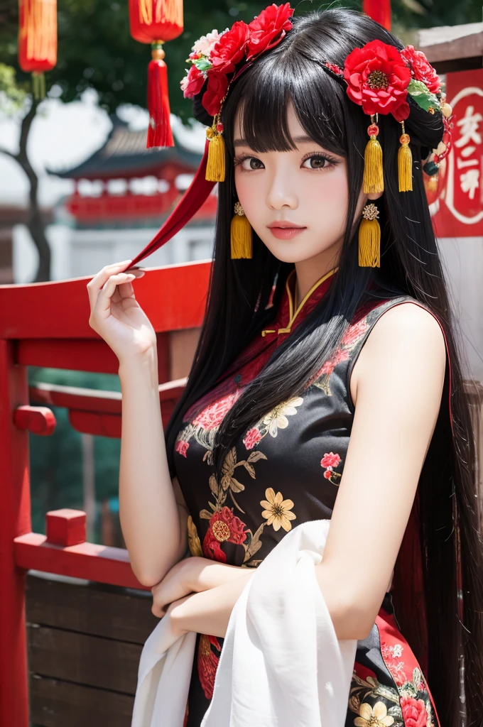 Black-haired beauty, long hair, Chinese dress, flower decoration on head