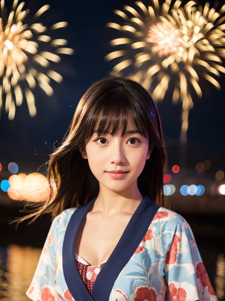 A very cute face like an idol、A young-looking 20-year-old woman wearing a Japanese yukata with three-quarter sleeves、Cleavage、night、Fireworks display、Natural light、Whole body、High level of artistry
