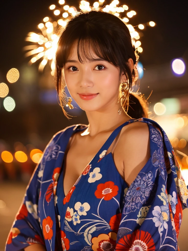 A very cute face like an idol、A young-looking 20-year-old woman wearing a Japanese yukata with three-quarter sleeves、Cleavage、night、Fireworks display、Natural light、Whole body、High level of artistry