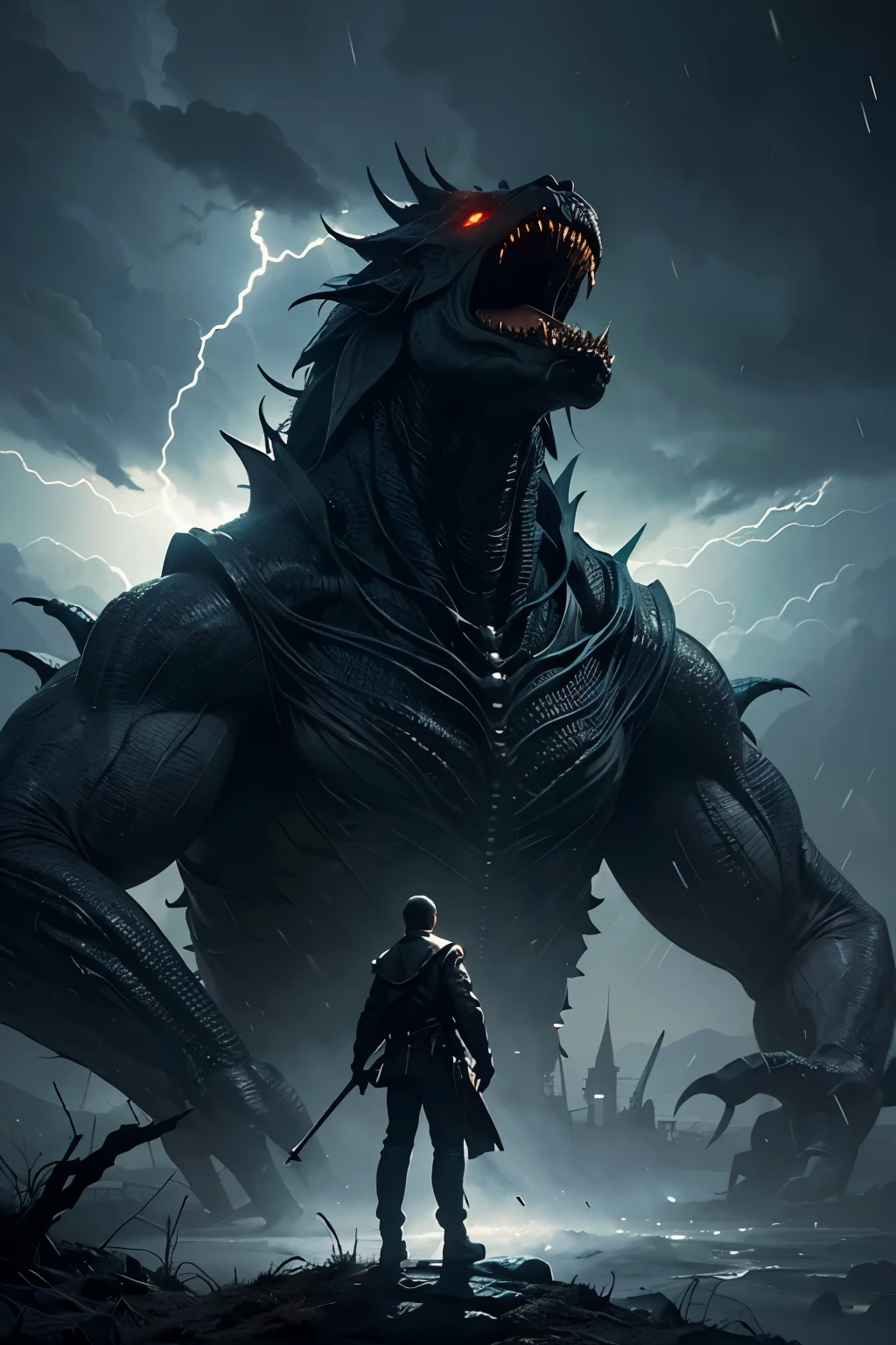A very detailed painting， Dark world, Depicts a man　have a weapon on a hill gazing at a giant alien monster lightning rain breath, author：Shinkai Makoto, By Art Jem, From Wlop, author：Greg Rutkowski, Volumetric Lighting, Octane Rendering, 4K resolution, Popular on artstation, masterpiece ,flame magic