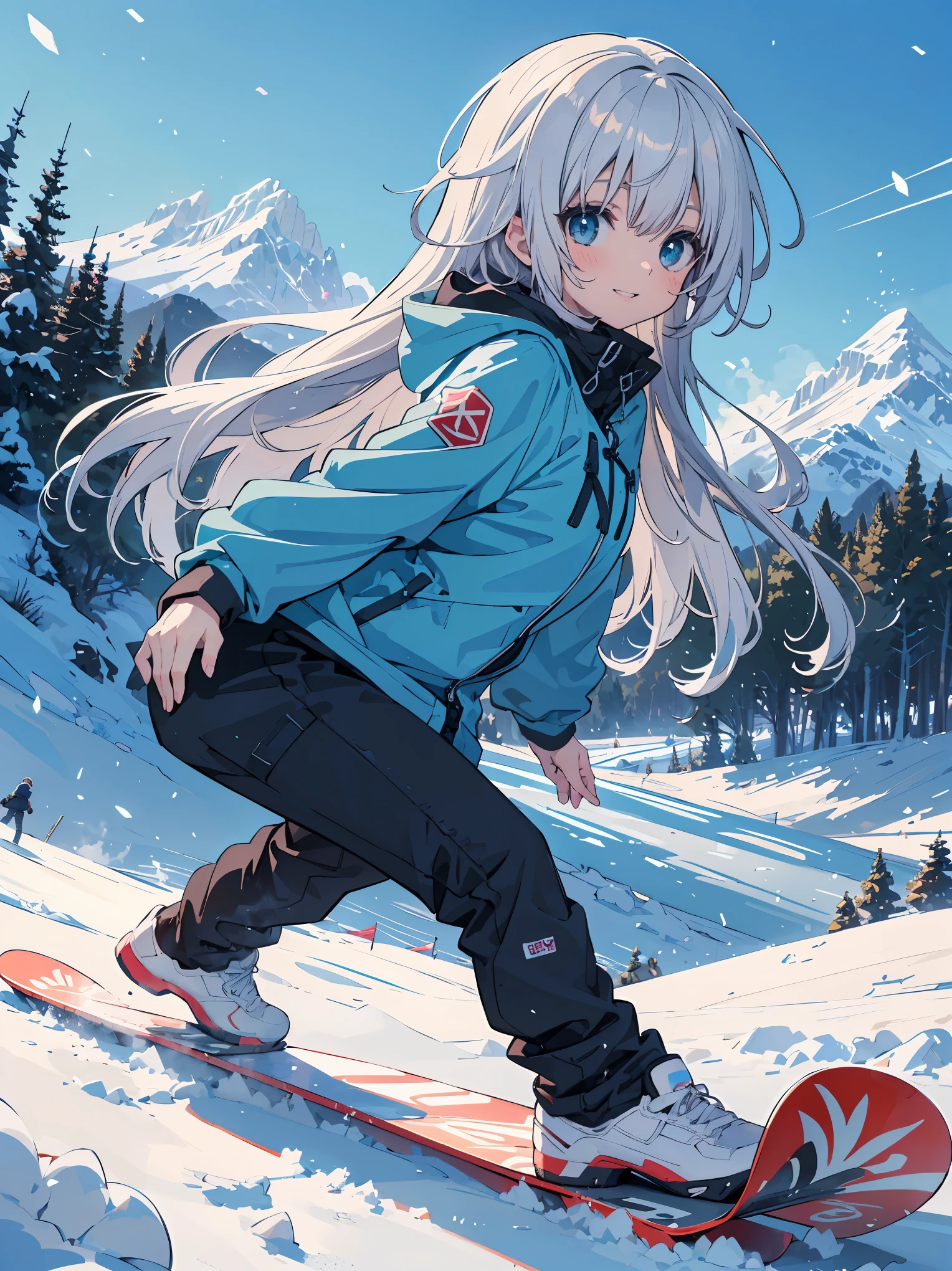 (masterpiece:1.2), (Highest quality:1.2), Ultra-high resolution, Very detailed, Perfect lighting, ((Anime girl playing snowboard)), smile,Surreal Girl, (ta,boyish , 13 y),The charm of androgyny, (Gray Hair),Fine and beautiful eyes, Well-proportioned iris and pupil, Expressive eyes, Beautiful and detailed lips, High resolution detailed hair, Ski wear,Snow Mountain, Dynamic Angle,Gweiz-style artwork, Makoto Shinkai'Art Style, Portrait of Rofi, Digital anime art, Makoto Shinkai style, LOFI Girl, Anime style illustrations, ロフィArt Style, Anime illustration