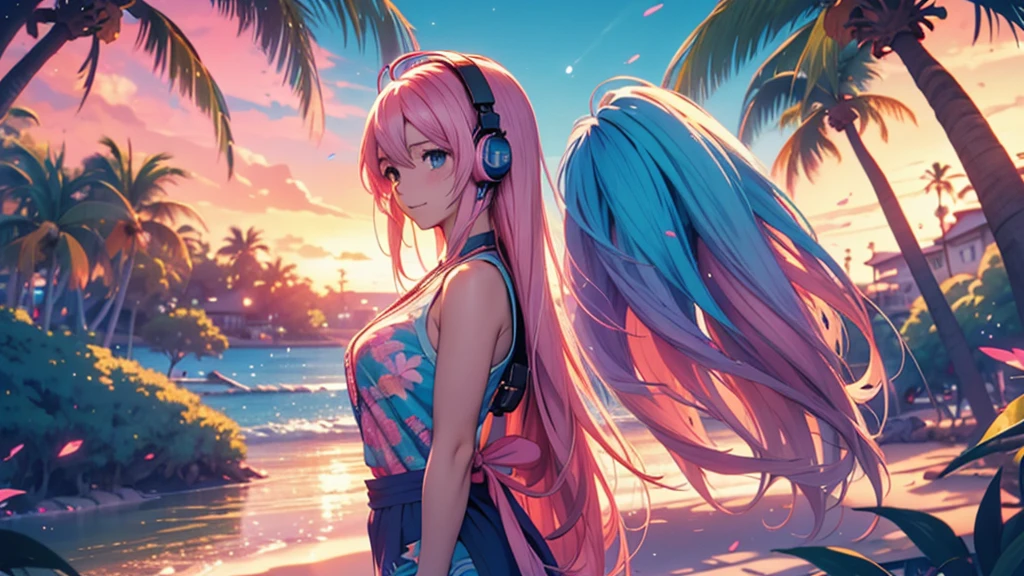 Woman wearing headphones, Anime Style 4 k, anime wallpaper 4k, anime wallpaper 4k, 4k anime wallpaper, anime art wallpaper 4k, anime art wallpaper 4k, Anime Style. 8k, Anime atmosphere, , Ultra HD Anime Wallpaper, Anime Art Wallpaper 8K, Anime Background,landscape、summer、island、Palm tree、Hawaii