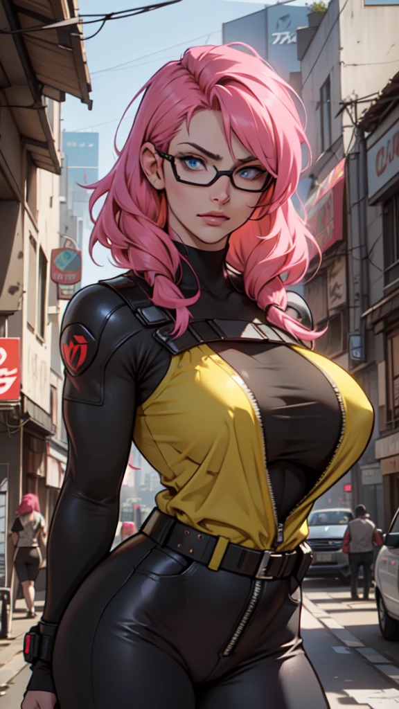 Fake body and , Mature woman in metal rising revengeance body details, foto de busto, big pink hair, shining blue eyes, wearing a mustard yellow jumpsuit, breasts big, looking 35 years old, eye on the spectator, Look to the camera, , the background is a cyberpunk city, revegeance expression, foco no rosto, de frente, foco no busto, riaden armor of metal gear rising, busty woman, eyeshield, oculos preto grande com lente pretas, óculos de sol cyberpunk
