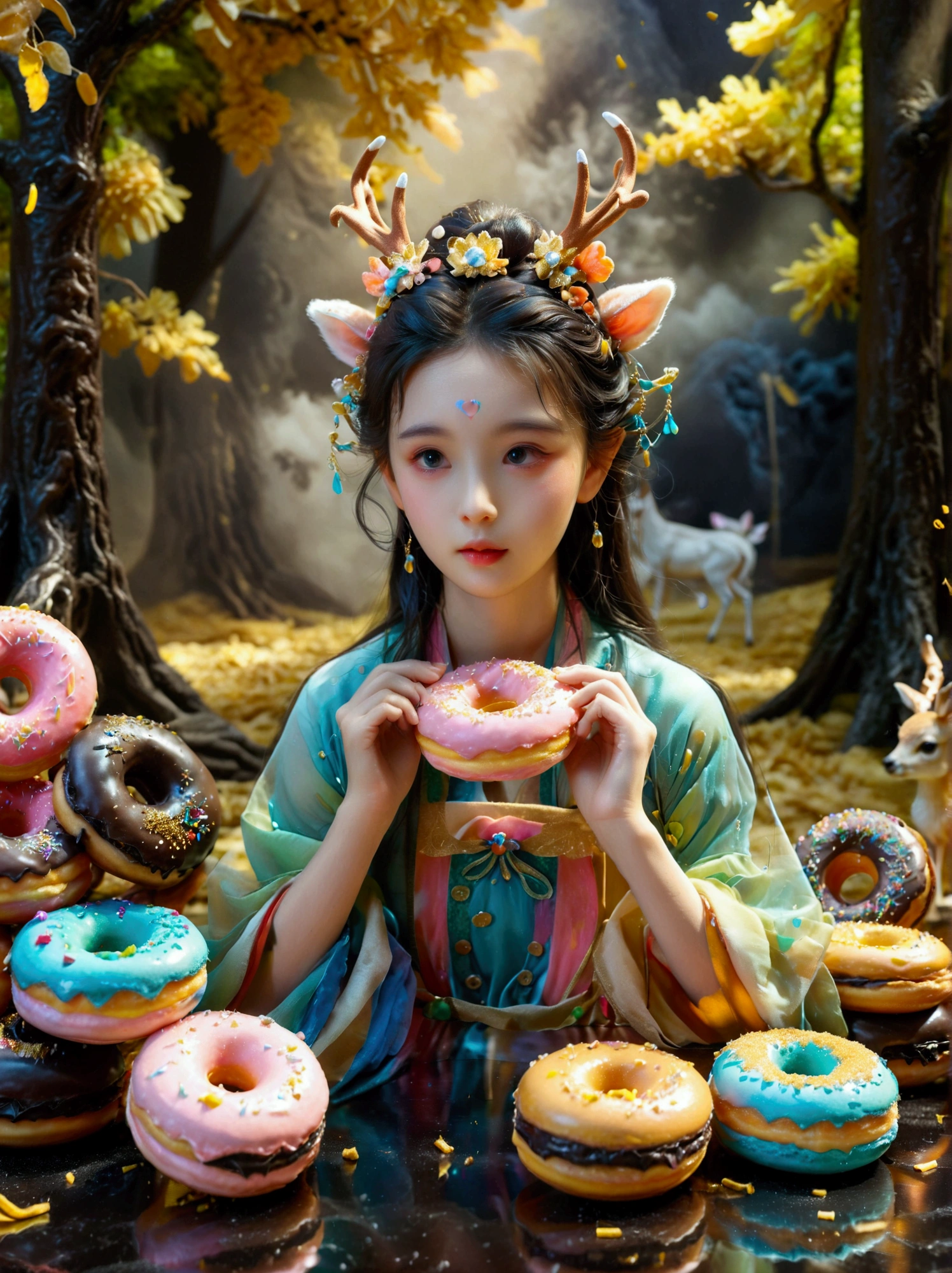 Surreal photos, Nine-Colored Deer Guardian, High-resolution photos, The beautiful nine-colored deer in mythology, A peaceful and dreamy scene, A little girl in Hanfu sits next to a mysterious nine-colored deer, (((Eating donuts))), Donut crumbs fell on the ground, (((Half eaten donut))), (Detailed donut eating action), The little girl is very cute, Detailed facial details, The background is a magical forest full of spirituality, Create a soft and ethereal atmosphere, The overall composition is beautiful, (((Macaron color style))), wide shot, UHD, masterpiece, accurate, anatomically correct, textured skin, super detail, award winning, 16k