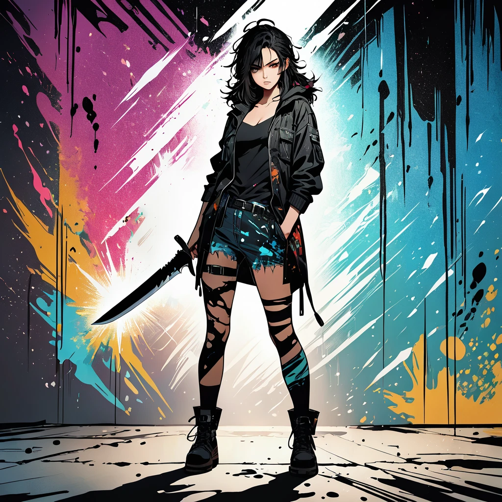 8K, masterpiece, Full body portrait, Top corner, Sexy beautiful assassin holding survival knife in shadow, Messy hair, Grunge fashion, Concentrated lines on graphics, glitter effects, Comic-style ink painting style