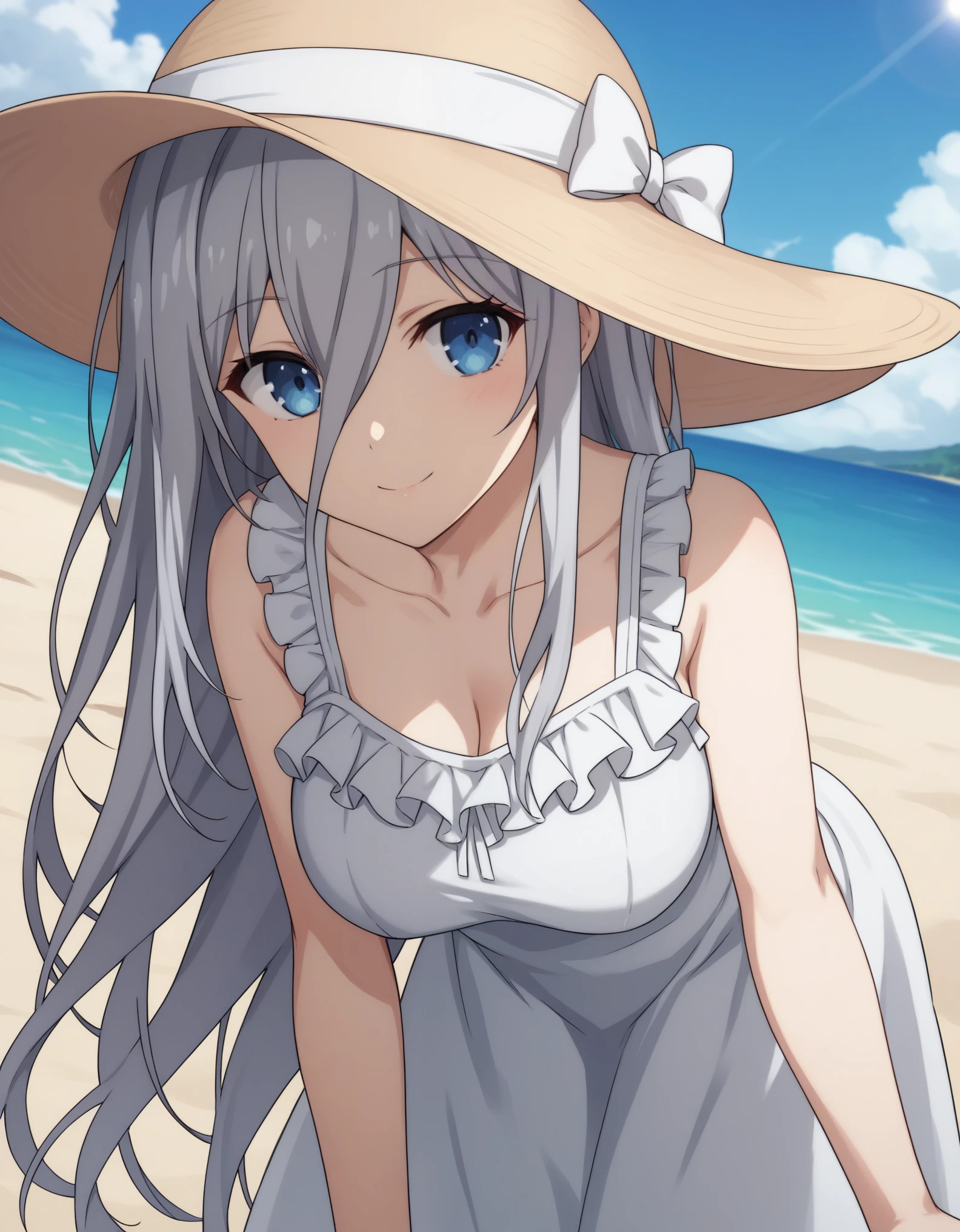 score_9, score_8_up, score_7_up, source_anime, reinamurasame,  reina murasame, long hair, blue eyes, grey hair, hair between eyes, hat, big breast, dress, bare shoulders, collarbone, sleeveless, white dress, sleeveless dress, sun hat, sundress, outdoors, beach, bent over, smile, looking at viewer, solo, cowboy shot, dutch angle,