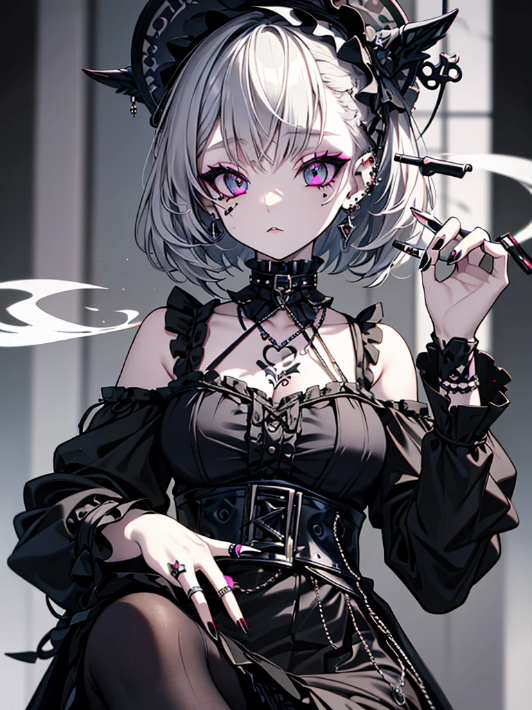 whole body, creepy room, skirt, shirt, long sleeves, frills, smile, creepy, skulls, candle, hair ornament, bone, doll, tapestry, Magic Circle, horror theme, absurdres, RAW photo, extremely delicate and beautiful, masterpiece, Best Quality, ultra high resolution, 32k, hyperrealistic, ultra-detailed, detailed description, pale skin, 20 years old, detailed beautiful face and eyes, tearful mole, earring, Colossal tits, short medium hair, wavy hair,