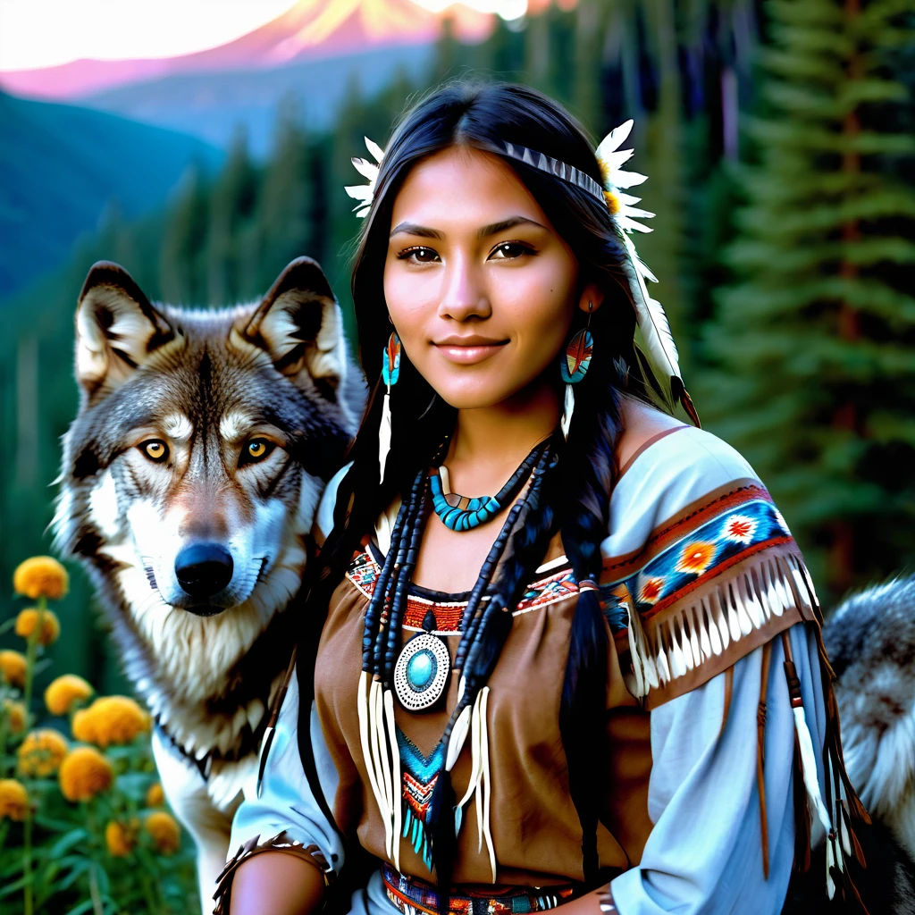 (grainy:0.5), cinematic, beautiful girl 25 year old,native american,fantasy,(solo:1.3), detailed brown eyes, detailed face, detailed native American sexy clothing , volumetric lighting, dusk, extremely detailed background, standing next to forest, mountains, flowers, water fall, smiling, half closed eyes, tilted head, from side, sitting next to her wolf