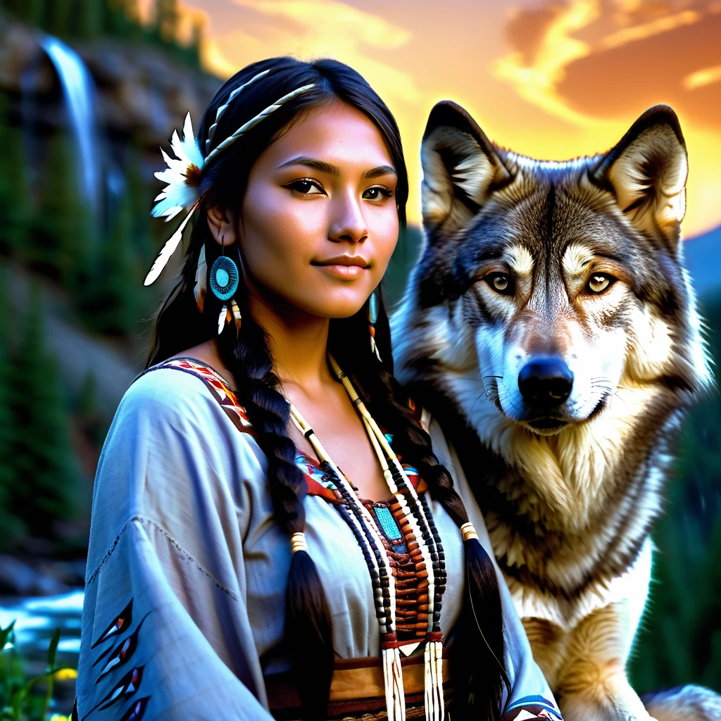 (grainy:0.5), cinematic, beautiful girl 25 year old,native american,fantasy,(solo:1.3), detailed brown eyes, detailed face, detailed native American sexy clothing , volumetric lighting, dusk, extremely detailed background, standing next to forest, mountains, flowers, water fall, smiling, half closed eyes, tilted head, from side, sitting next to her wolf