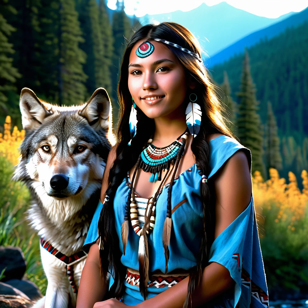 (grainy:0.5), cinematic, beautiful girl 25 year old,native american,fantasy,(solo:1.3), detailed brown eyes, detailed face, detailed native American sexy clothing , volumetric lighting, dusk, extremely detailed background, standing next to forest, mountains, flowers, water fall, smiling, half closed eyes, tilted head, from side, sitting next to her wolf