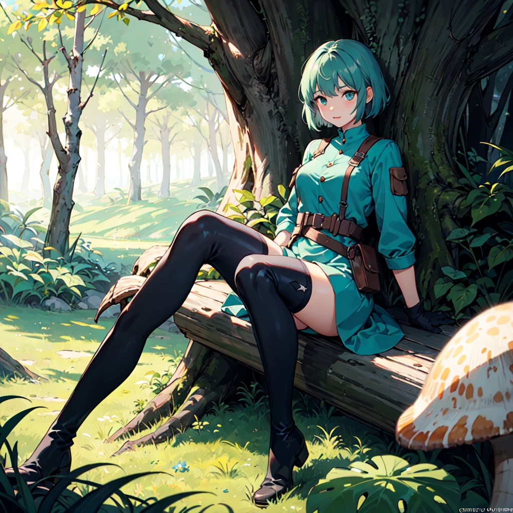 Nausicaa,One girl,
green_dress,length_sleeve,
green gloves,
spats,
knees_boots,
whole body,
Fungi_forest,