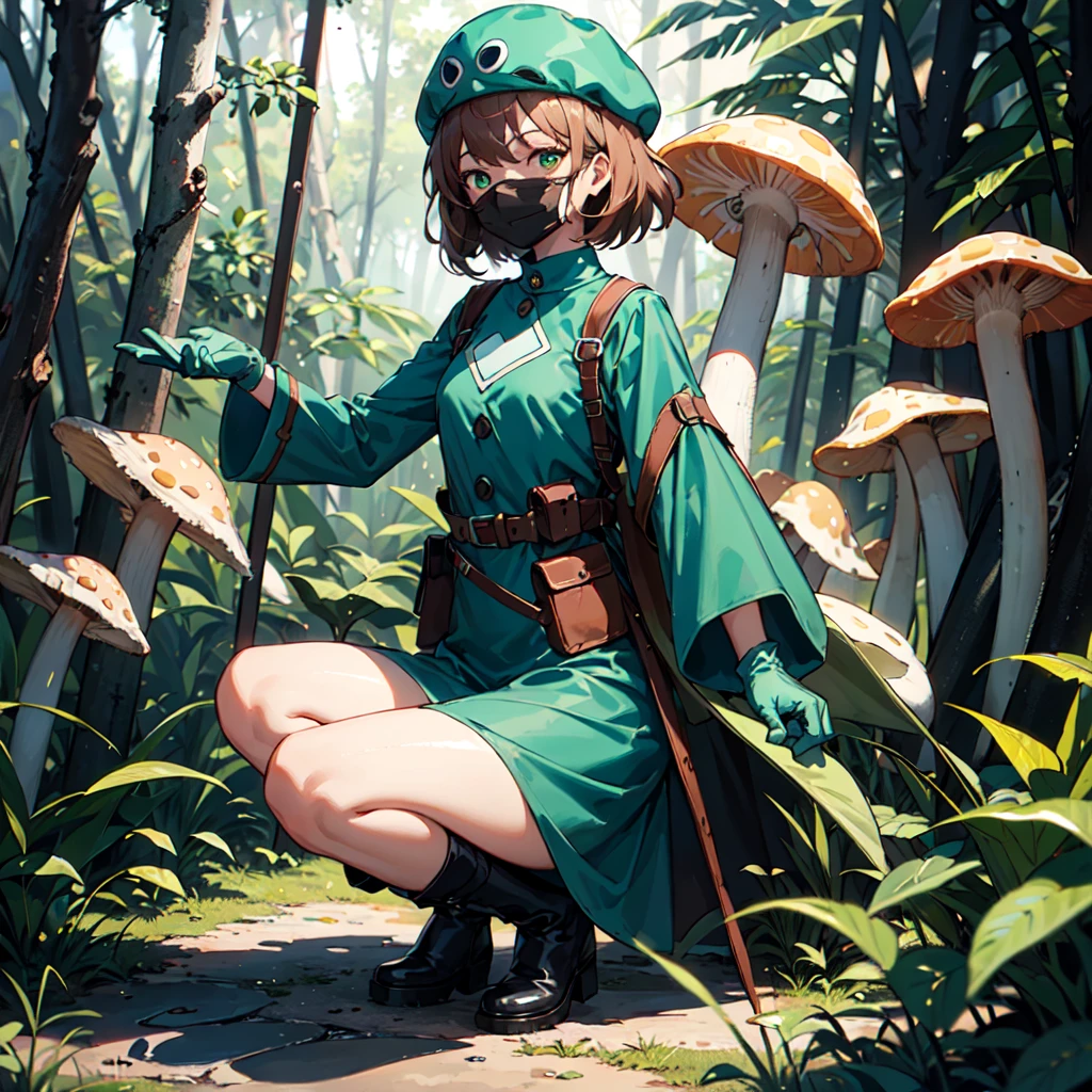 Nausicaa,One girl,
green_dress,length_sleeve,
green gloves,
spats,
knees_boots,
whole body,
Fungi_forest,