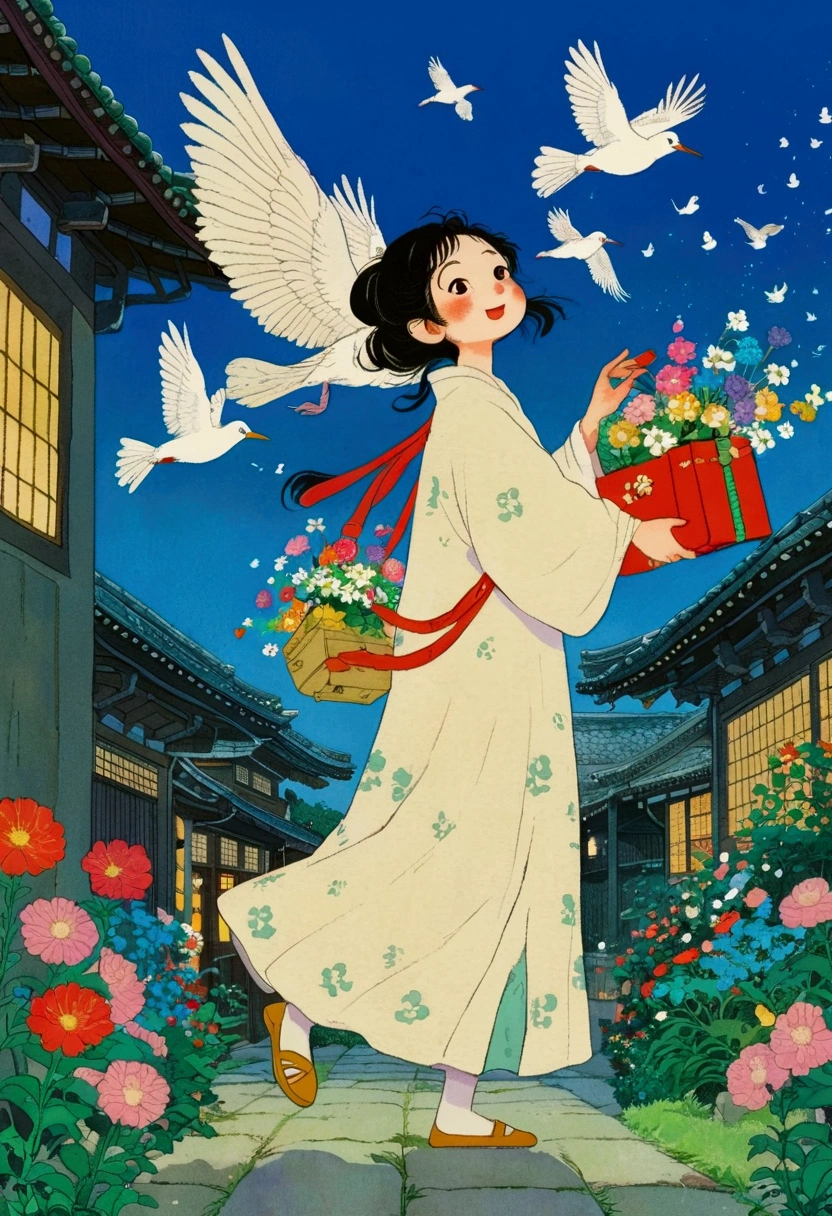 Cartoon girl carrying a box with flowers and birds flying around, Storybook illustrations by Nobumasa Yanagawa, pixiv, Ukiyo-e, Anime Cover, The art style of Dragon King, Ghibli art style, Miyazaki&#39;s style, studio Ghibli art style, Ghost Festival, Ghibli colorful