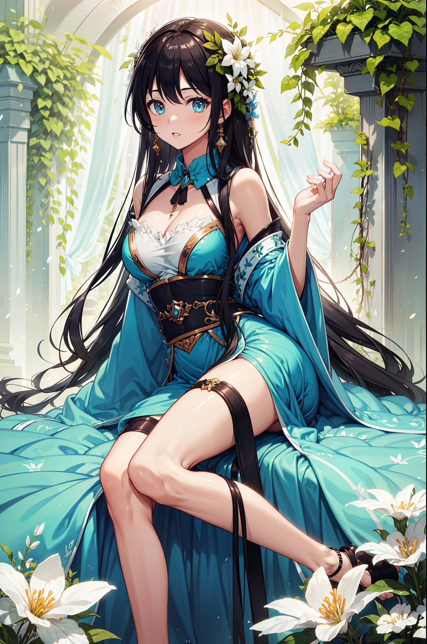 masterpiece, best quality, best quality, amazing, fine , Spring morning,Green courtyard,Lush flowers and plants, Eye, 1 girl, Fine details, Depth of Field, Extremely detailed CG unity 8k wallpaper, whole body, (Alice), Bourne virus, Black_hair, water, Red_Lips, solitary, long_hair, earrings, transparent,Delicate and beautiful face,Repair excess legs