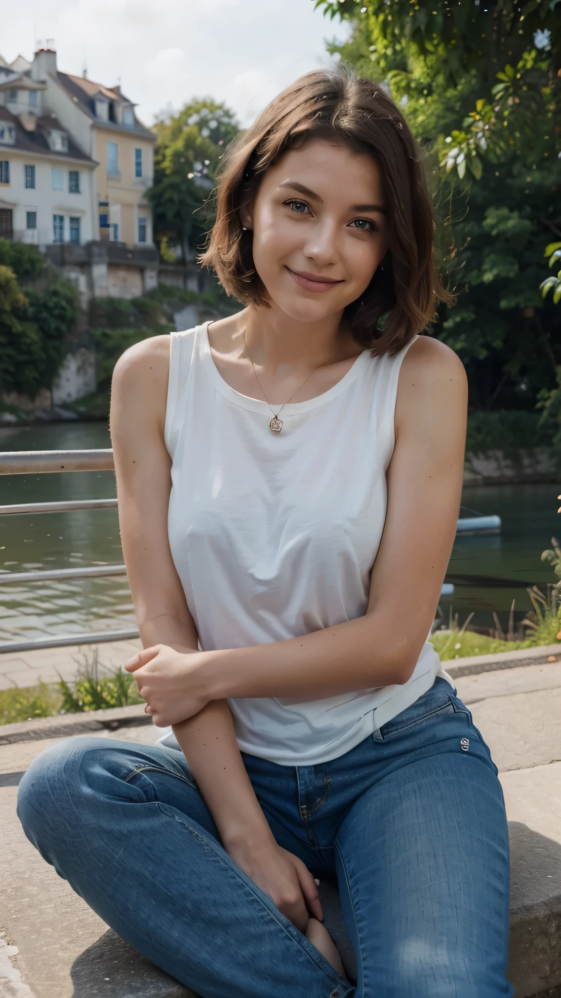 young france woman, brown short hair, blue eyes, 28 years old, yoga lover, smile, sitting on the bridge, wearing shirt and jeans