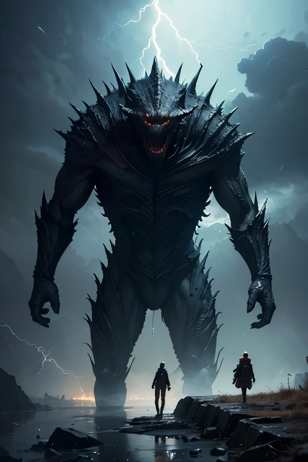 A very detailed painting, Dark world, Depicts a man have a weapon on a hill gazing at a giant alien monster lightning rain breath, author:Shinkai Makoto, By Art Jem, From Wlop, author:Greg Rutkowski, Volumetric Lighting, Octane Rendering, 4K resolution, Popular on artstation, masterpiece ,flame magic