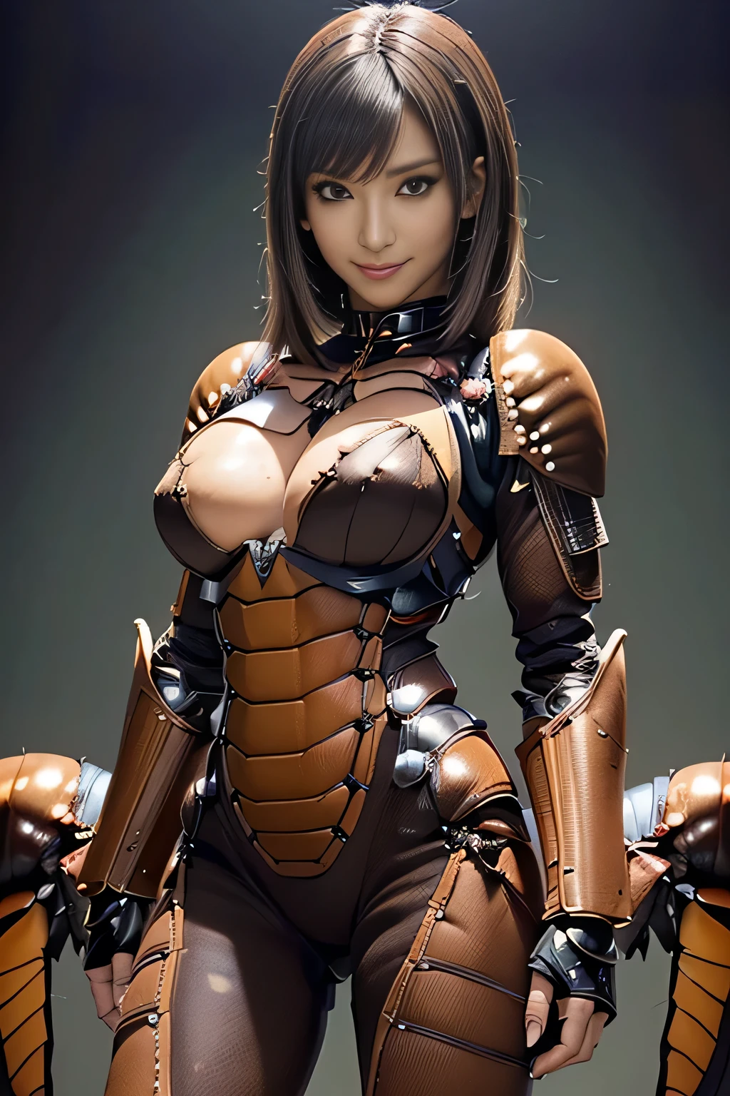 (high resolution,masterpiece,best quality,extremely detailed CG, anime, official art:1.4), realistic, photo, amazing fine details, all intricate, gloss and shiny,awesome many layers, 8k wall paper, 3d, sketch, kawaii, illustration,( solo:1.4), perfect female proportion,villainess, (fusion of dark brown cockroach and lady:1.4), (brown cockroach form lady:1.2), (brown cockroach lady:1.2), (fusion:1.2), (solo:1.4), (evil smile:1.2), muscular, abs, (cockroach brown exoskeleton bio insect suit:1.4), (cockroach brown exoskeleton bio insect armor:1.2), (brown transparency cockroach wing:1.4), (brown cockroach antennae:1.3),