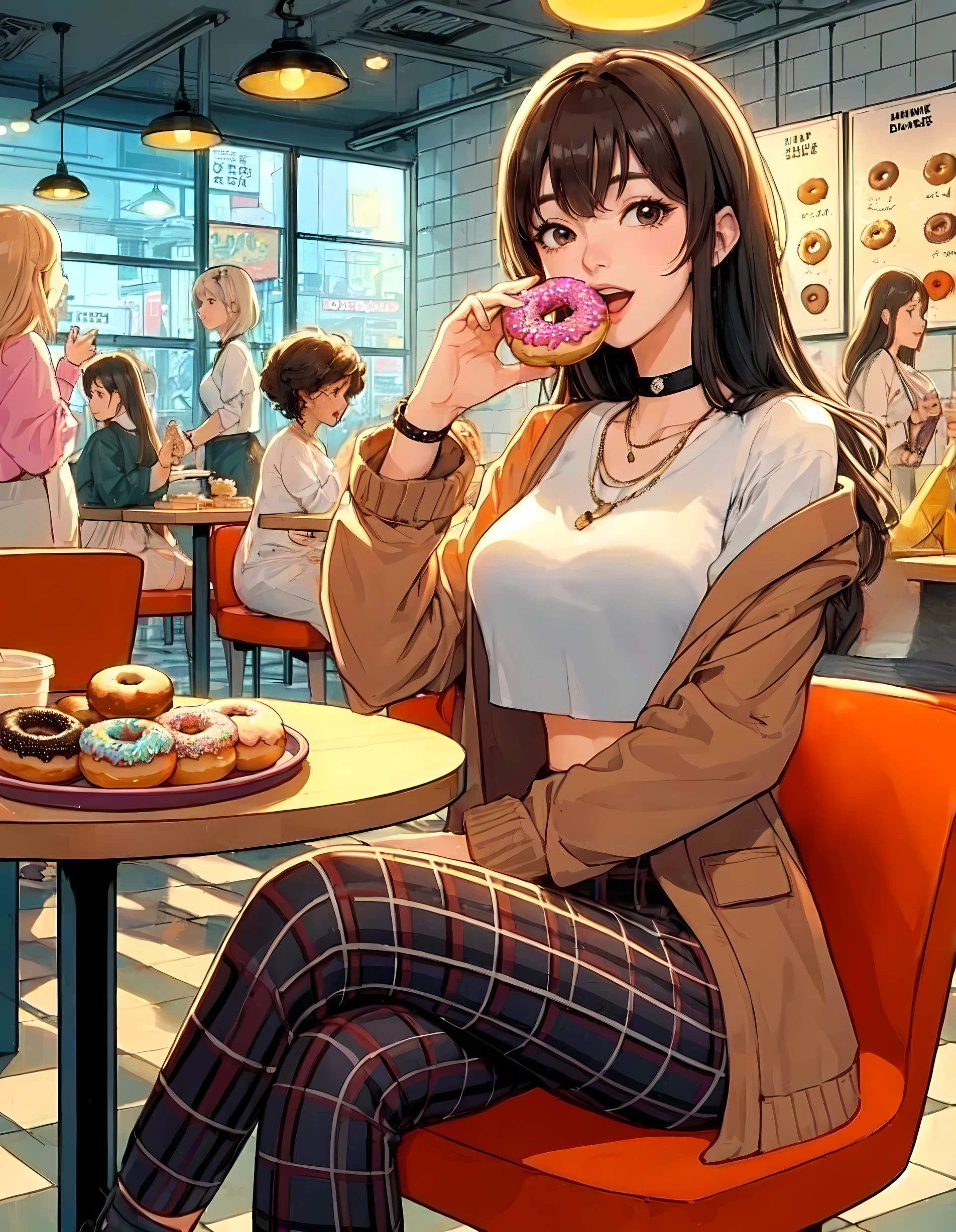 1lady solo, sitting at table, (holding donut) in one hand, taking a big bite, stylish outfit, (mature female:0.6), /(beige blond hair/) bangs, light smile, (open mouth) big, (teeth:0.8), (masterpiece best quality:1.2) delicate illustration ultra-detailed, large breasts BREAK ((big donut) decorated colorful) BREAK (donut shop) pop atmosphere, indoors, (plate with a single donut) on table, crowded, detailed background