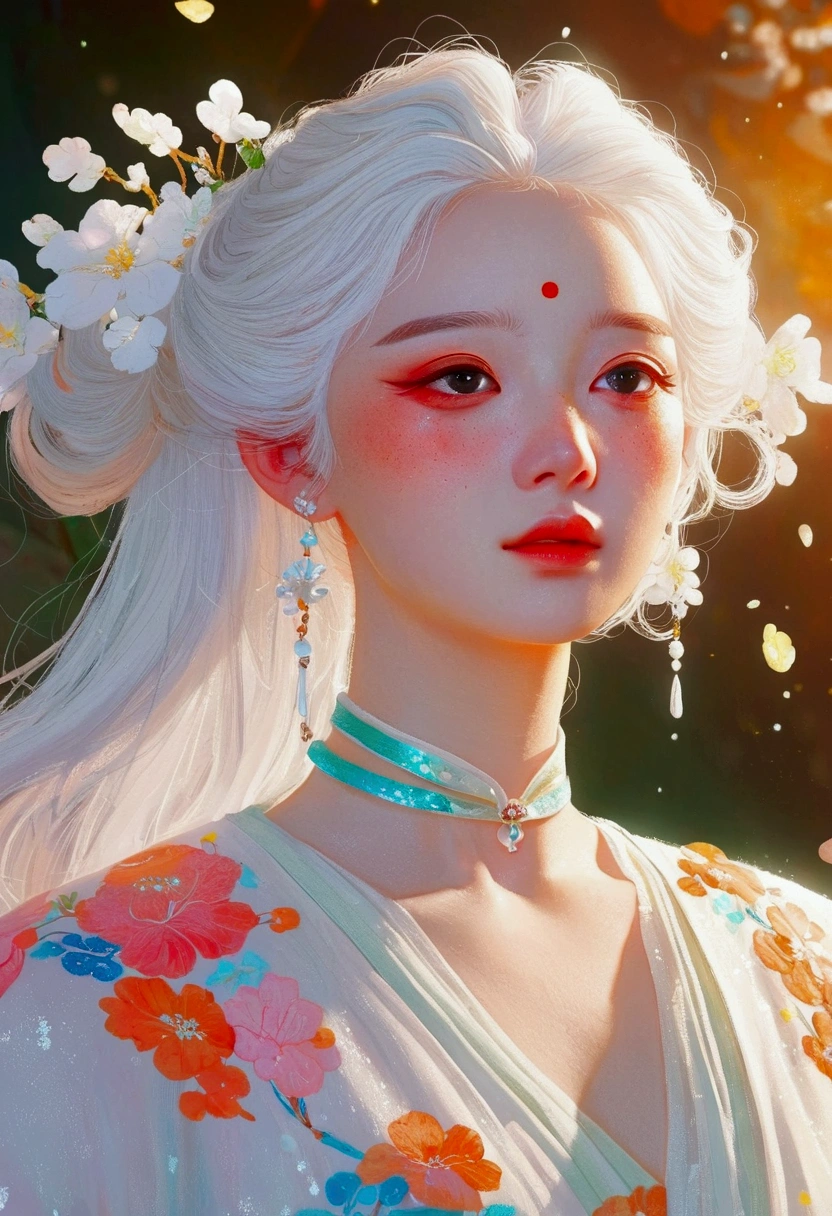 A man with white hair、Close-up of woman in dress, Figures inspired by Cheng Yanjun, trending on CG Society, Fantasy Art, guweiz style artwork, CG Society inspired, [ trending on CG Society ]!!, Soft and ethereal lighting, stunning CG Society, CG Society masterpiece, 🌺 CG Society