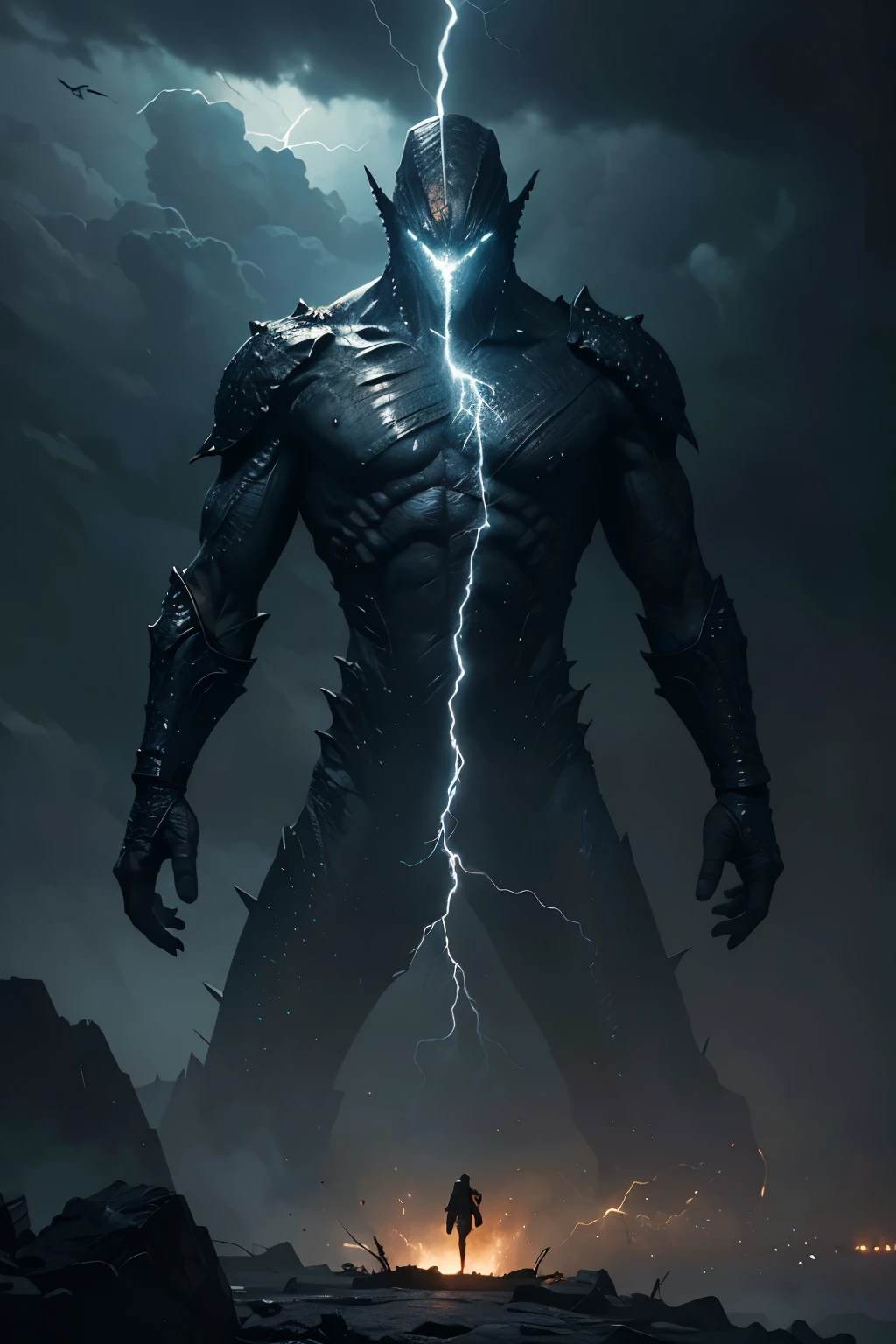A very detailed painting, Dark world, Depicts a man have a weapon on a hill gazing at a giant alien monster lightning rain breath, author:Shinkai Makoto, By Art Jem, From Wlop, author:Greg Rutkowski, Volumetric Lighting, Octane Rendering, 4K resolution, Popular on artstation, masterpiece ,flame magic