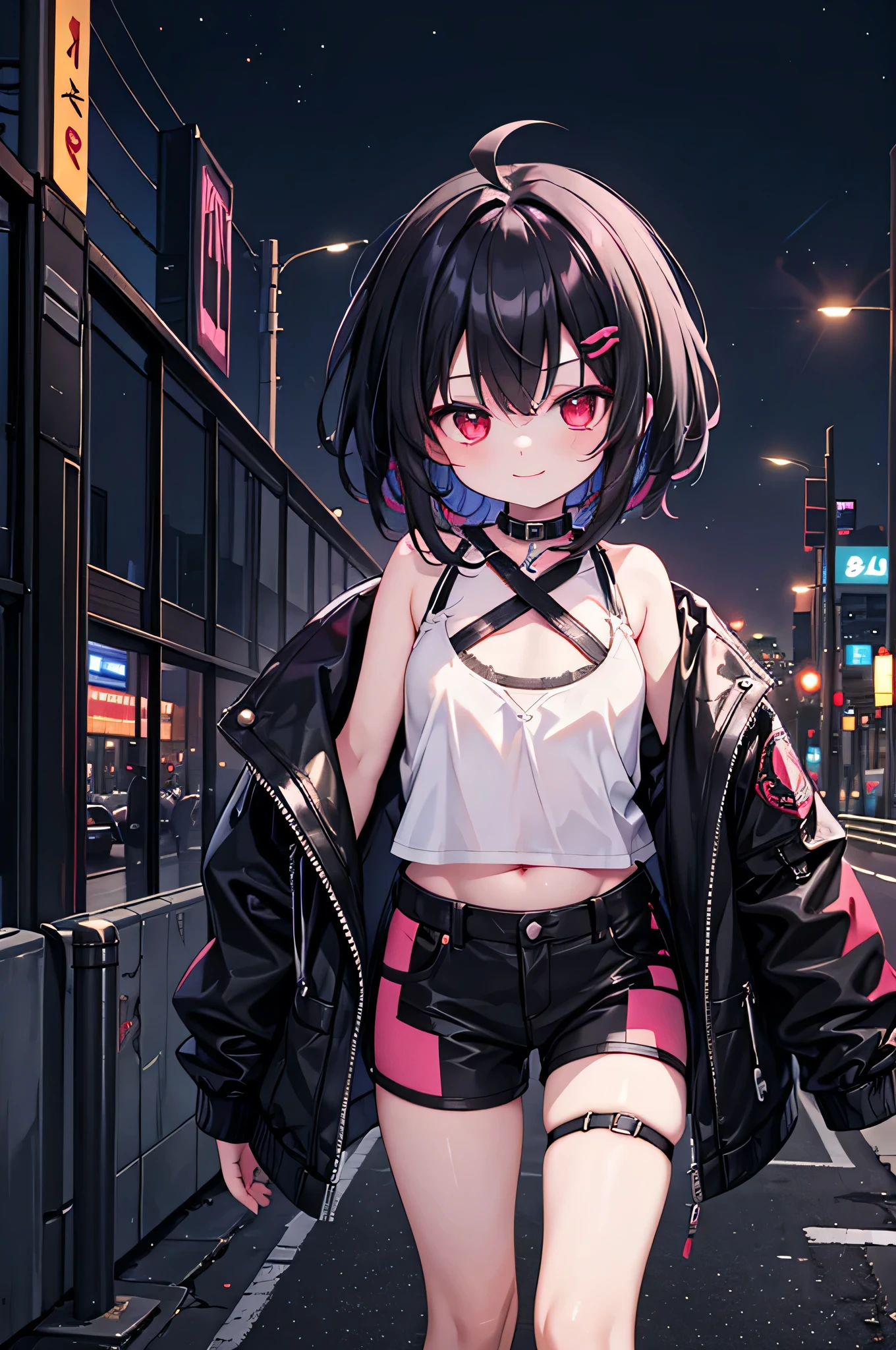 (masterpiece), cyber punk, city, night, Neon Light, city lights, One Girl, Black Hair,White tank top with red pattern, short hair,Red Eye,hair ornaments,Around ,smile,He has taken off his jacket to expose his shoulders..,Belly button