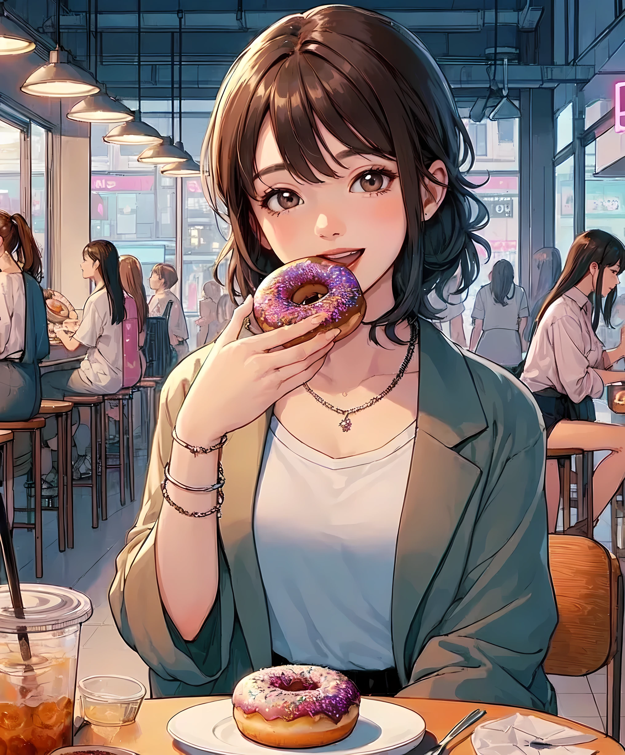 1lady solo, sitting at table, (holding donut) in one hand, taking a big bite, stylish outfit, (mature female:0.8), /(brown hair/) bangs, light smile, (open mouth) big, (teeth:0.8), (masterpiece best quality:1.2) delicate illustration ultra-detailed, large breasts BREAK ((big donut) decorated colorful) BREAK (donut shop) pop atmosphere, indoors, (plate with a single donut) on table, crowded, detailed background