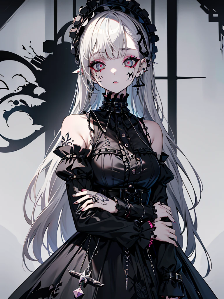 Gothic ta, cigarettes, tattoos on upper arms, ear piercings, makeup, mental health issues, bare shoulders
