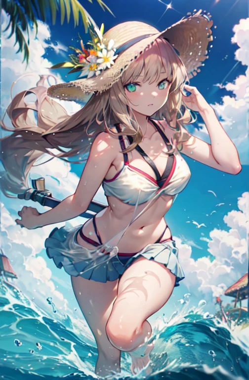 8k,Highest quality,masterpiece,1女の子 The seeds of a southern dream,The seeds of a southern dream sss Dynazenon ,Long Hair,Green ruby eyes,Big straw hat,Blue Bikini Swimsuit,A thin floral patterned cloth is wrapped around the waist like a skirt,barefoot,barefoot,ビーチのSandy Beachを散歩しながら,With eyes that reflect the shadow of the setting sun、Brown hair fluttering in the breeze,Sandy Beach,Seaside,Light of the sun,Palm tree (masterpiece:1.2), Highest quality, High resolution, unity 8k wallpaper, (shape:0.8), (Beautiful and detailed:1.6), Highly detailed face, Perfect lighting, Highly detailed CG, (Perfect hands, Perfect Anatomy), Ultra Dynamic Angle、Backlight,Shiny Hair,Glamorous Body,Realistic Flesh,Plump thighs、Stylish hairstyle,Curly hair,Stylish accessories,Very stylish swimsuit,See-through,