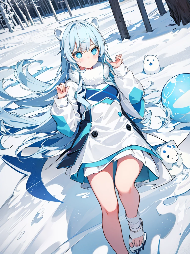 3. character:Polaris and her polar bear friends play in the snow。 exterior:Light blue shoulder-length hair,Deep blue pupils,Wearing blue clotheix in a little warm pink。Polar bear with shaggy white body。 nature:Vibrant and welcoming,helpful。 hobby:photo shoot,Ski,skate,Ice sculpture。 scene:Vast snowfall,Polaris is playing with a group of adorable polar bear friends。They build a snowman、snowball fight,A joyful laughter echoed across the ice and snow.。