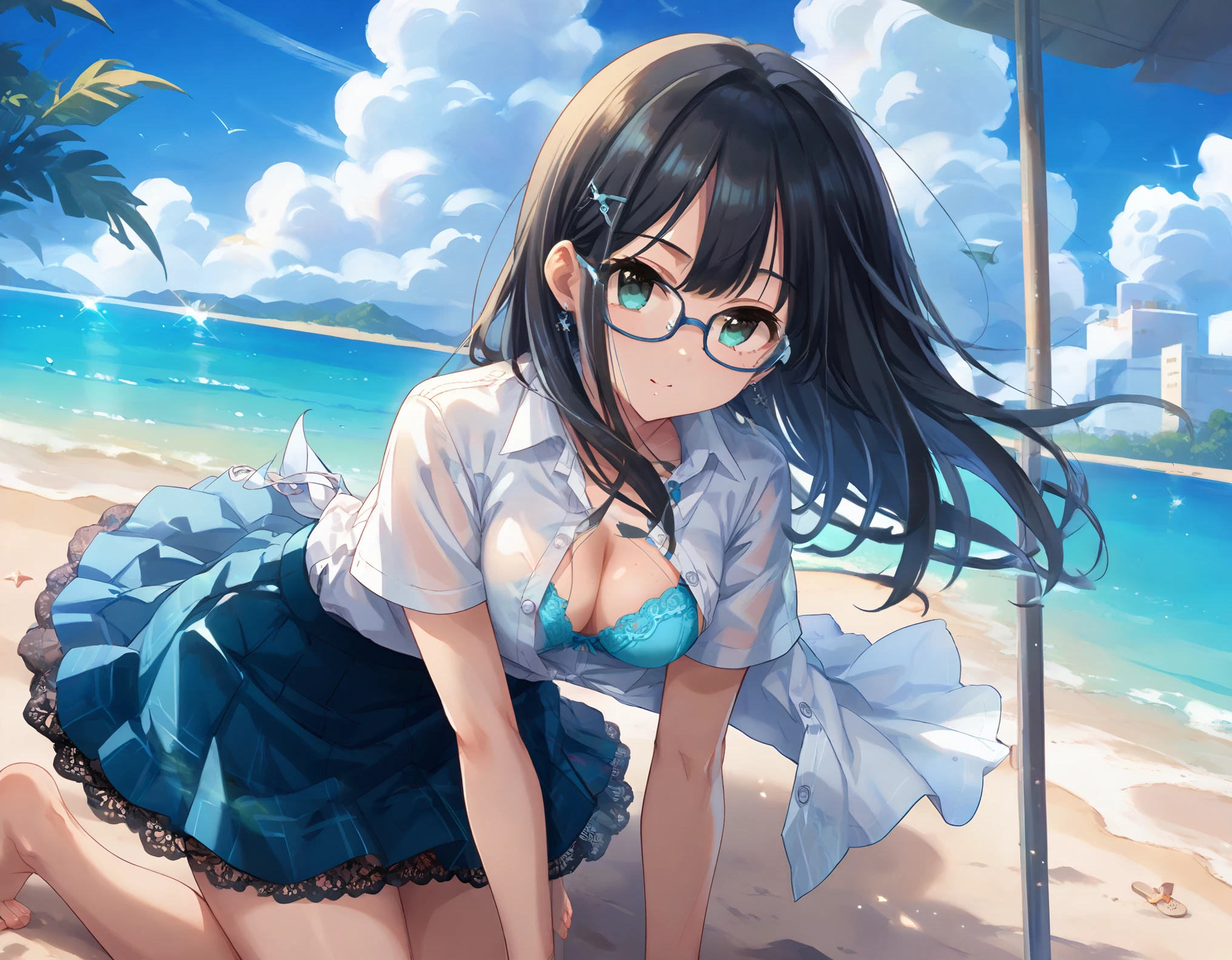 A white shirt with all the buttons fastened、A blue bra is faintly visible through her buttoned up white shirt.、Blue flared skirt、She lifts her skirt with both hands to reveal her cute white lace underwear.、A girl with long, shiny black hair and glasses、barefoot、whole body、Sandy beach and blue sky