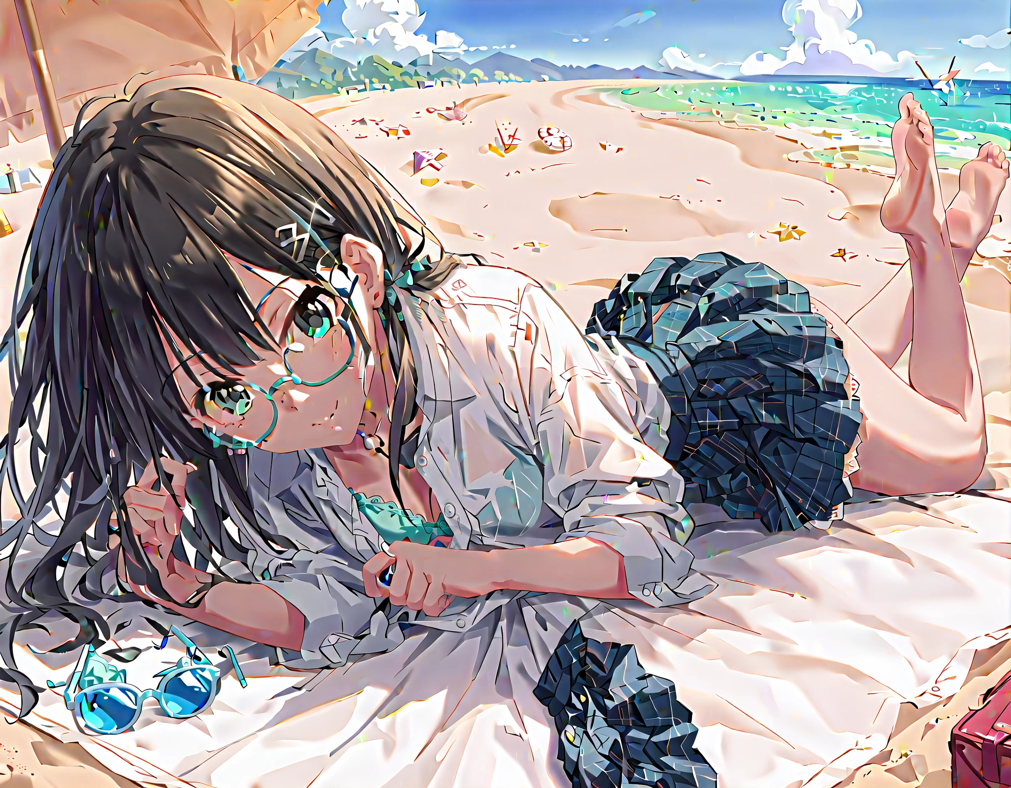 A white shirt with all the buttons fastened、A blue bra is faintly visible through her buttoned up white shirt.、Blue flared skirt、She lifts her skirt with both hands to reveal her cute white lace underwear.、A girl with long, shiny black hair and glasses、barefoot、whole body、Sandy beach and blue sky