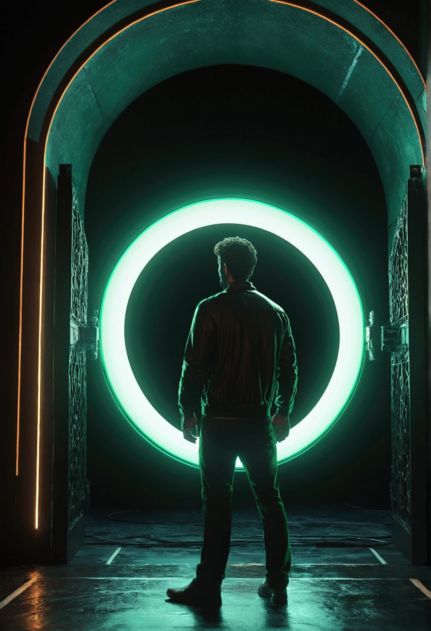 realistic atmospheric lighting, cinematic dramatic atmosphere, man standing by gateway, black hole, glowing energy portal, dark moody lighting, hyper realistic, 8k, high quality, cinematic lighting, sci-fi, digital art, photorealistic, intricate details, dramatic lighting, moody colors, vibrant colors, dynamic composition, powerful dramatic presence, intense atmosphere, advanced post-processing, volumetric lighting, chiaroscuro, high contrast, dark and moody, stunning visuals, dramatic shadows, striking highlights, masterpiece, artstation, concept art, green colors 